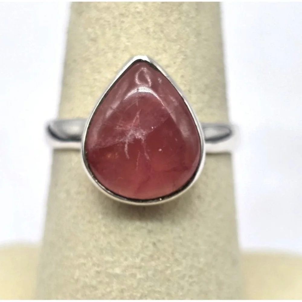 Rhodochrosite Gemstone Teardrop Ring Size‎ 8 Sterling Silver Handmade NWT